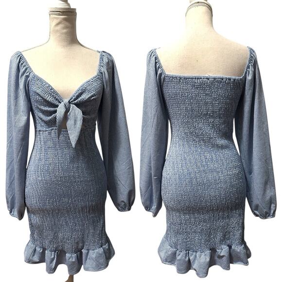 MABLE Blue Gingham Smocked Bodycon Mini Dress Women’s S Long Sleeve Ruffle Hem - Picture 1 of 8